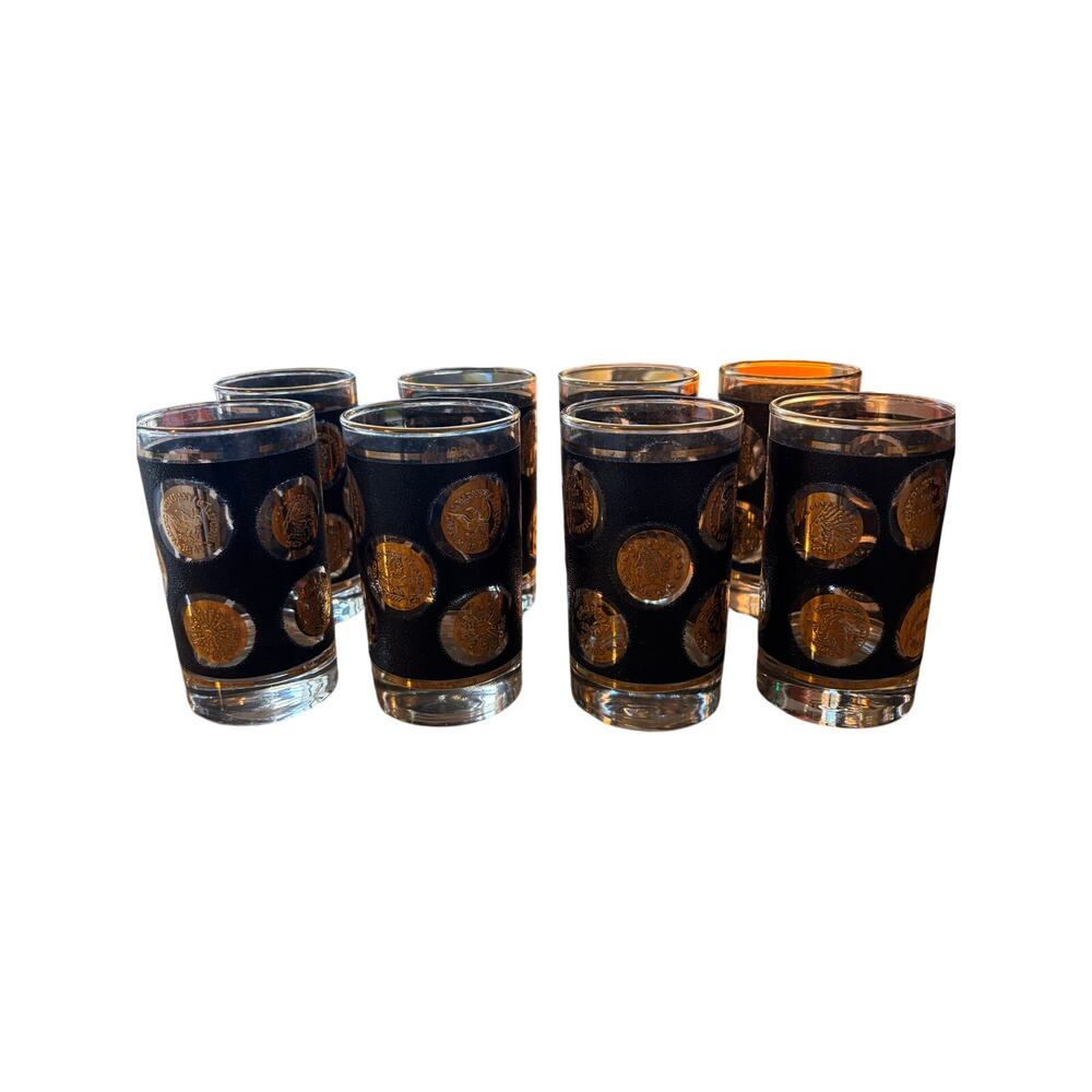 Vintage 1960's Libbey Black Textured & Ancient Gold Coin 12 oz. Cocktail Glass